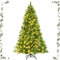 GYMAX Albero di Natale Slim 195 cm, Illuminato a 450 Luci Incorporate, 1100 Rami Folti in PVC, 56 Bacche e Pigne, Base in Metallo, Monatggio e Trasporto Facile, Albero Divisibile Verde