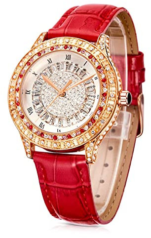 TIME100 Uhr Damen Elegant Modisch mit Kristallen Edelstahl Stilvoll Goldenes Gehäuse Edel mit Blauem Zifferblatt und Römischen Ziffern Wasserdicht (Rot)