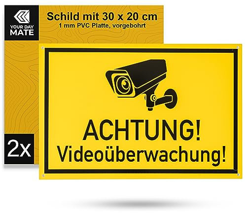 Hinweisschild Achtung! Videoüberwachung!, 2 Stück, 30 x 20 cm, 1 mm starkes PVC Schild mit Bohrlöchern, Video Überwachung Schilder für Innen- und Außenbereich, Kameraüberwachung Schild Grundstück