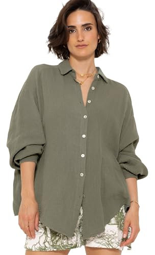 SASSYCLASSY Oversize Musselin Bluse Damen Langarm - Oversized Freizeit Look - Hemdbluse lang aus Baumwolle mit V Ausschnitt - Long-Bluse One Size (Gr. 36-48) Khaki