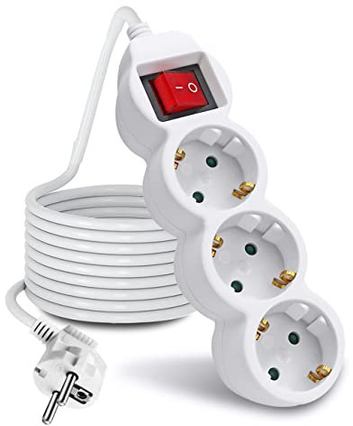 EXTRASTAR Regleta Alargador de 3 Metros con 3 Enchufes e Interruptor, para el hogar, Oficina y Viajes, Blanco 1Pc