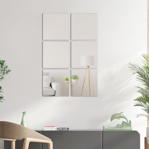 Larber 6 Stück Selbstklebender Fliesenspiegel Spiegel zum Aufkleben Acrylspiegel Spiegel Wand Spiegelfliesen Flexible Spiegelfolien Spiegelaufkleber 6pcs Square Mirror Stickers