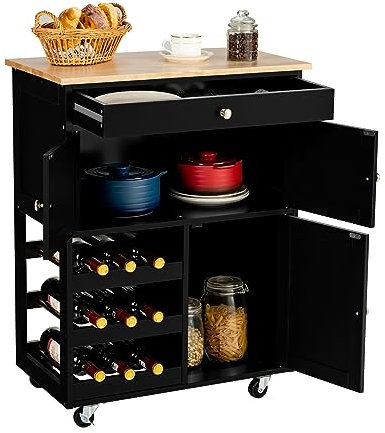 COSTWAY Carrello da Cucina, con Portabottiglie Tre Ante e Ruote, Credenza Cucina in Legno di Pino e MDF, Ideale per Soggiorno e Cucina, 67 x 37 x 86 cm (Nero)