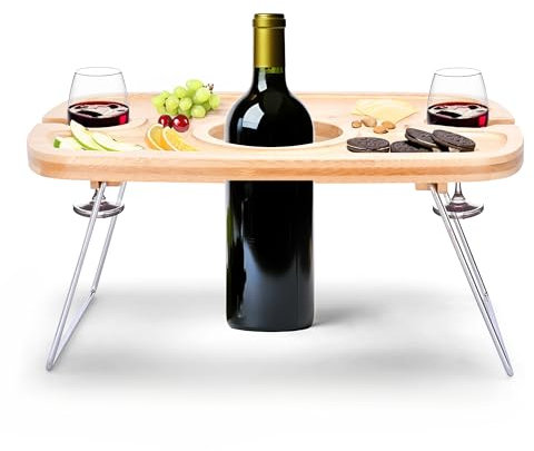 Liebspecht Aperitivo Table de pique-nique pour vin - Table de pique-nique portable pour 2 verres et 1 bouteille - En bambou avec pieds en métal - Idéal pour le jardin, le camping, l'extérieur - 38 x