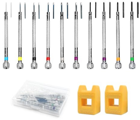 10 Pezzi Cacciaviti Precisione Orologiai, 0.6mm - 2.0mm Cacciaviti di Precisione con Smagnetizzatore, Giraviti Precisione, per Orologi, Occhiali, Gioielli, Orologiai