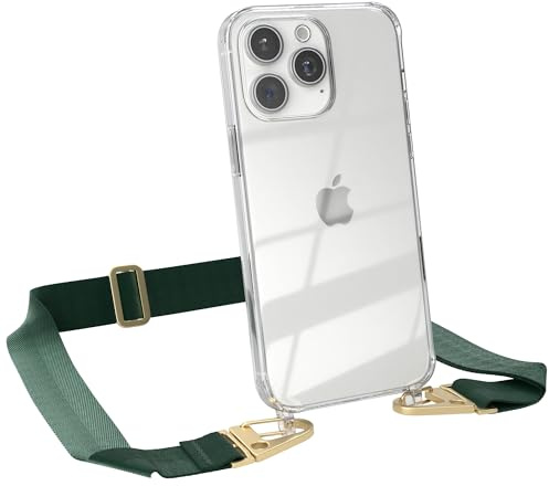 EAZY CASE - Hülle mit Band kompatibel mit iPhone 15 Pro Max Handyhülle mit Umhängeband Silikonhülle Transparent Schutzhülle Handykette zum Umhängen Handykordel Smartphone in Pinien Grün - Clips Gold