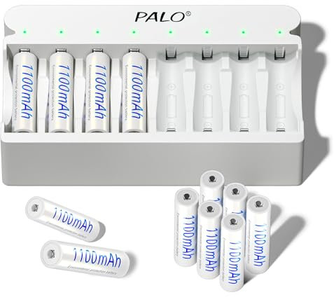 Mspalocell AAA Akkus Wiederaufladbar mit Ladegerät, 8 Slots 5V/2A USB Portabel Läd Schnell für 1.2V NI-Mh Akkus, Unabhängiges Laden, 12 Aufladbare Batterien AAA mit Ladegerät