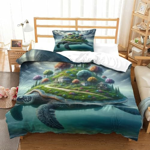 Turtles 3D Druck Bettwäsche Weiches Mikrofaser Bettbezug-Set- Für Erwachsene Teenager Kinder 3 Stück Mit Reißverschluss Art Animals Bettbezug-Set Und Kissenbezug Single(135x200cm)