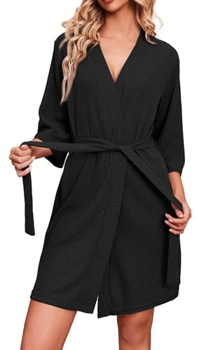 Ekouaer Damen Waffelpique Morgenmantel V-Ausschnitt Bademantel leicht kurz Sleepewear 3/4 Ärmel Saunamantel Schwarz M