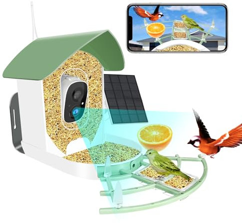 Smart Bird Feeder with Camera,Solar Powered Wireless Outdoor Bird Feeder,1080P HD Auto Capture Bird Videos,Real-Time Views and Notifications,Support Cloud Storage and Max 128GB Storage.