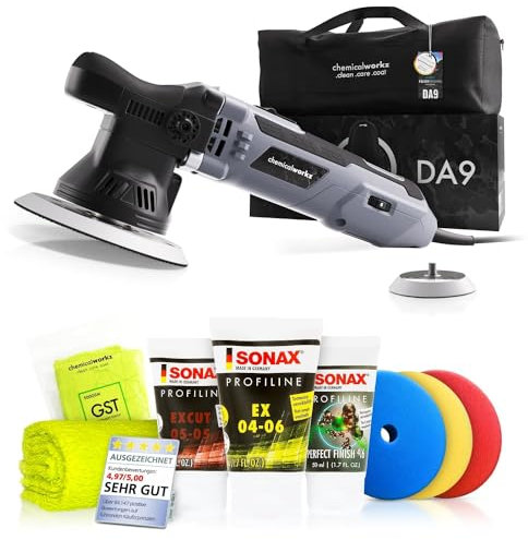 Poliermaschinen Set: chemicalworkz DA9 Exzenter Poliermaschine + Sonax Politurset + Royal Pads Premium Polierpads - Auto Politur, Lack polieren, Kratzer entfernen, Aufbereitung | 8-tlg.