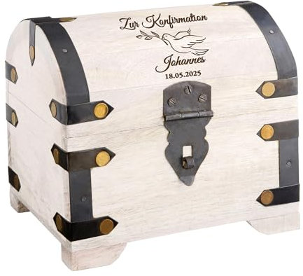 Weiße Schatztruhe mit Gravur zur Konfirmation, Tauben Motiv, Personalisierte Schatzkiste, Deko Holztruhe, Konfirmation Geschenk, Geschenke zur Konfirmation, Konfirmationsgeschenke, Geldgeschenk