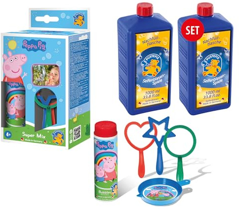 PUSTEFIX Super-Mix Peppa Pig & 2 x Nachfüllflaschen Maxi 1 Liter I Seifenblasen Kinder Set I 70ml Seifenblasen Flüssigkeit I Bubbles für Partys & Geburtstage