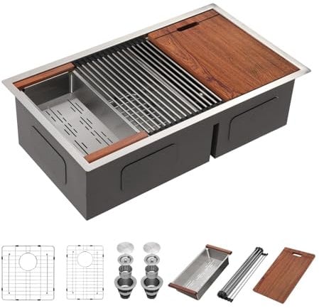 Mocoloo Double Bowl Kitchen Sinks - 60/40 Undermount Double Bowl 16 Gauge Low Divide Workstation 33 x 19 Inch Stainless Steel Kitchen Sink Handmade, 10'' Deep Basin