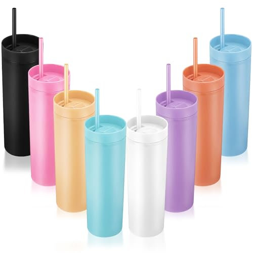 ASMIZ 8 Pack Plastic Skinny Cups with Lids and Straws, 16oz Double Wall Acrylic Tumbler Bulk, Matte Pastel Multicolor Cups, Kids Reusable Tumblers Tumblers for Office, School, Party, Birthdays Gift