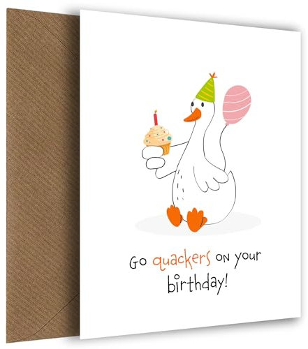 Enten-Geburtstagskarte – Go Quackers! - Lustige Geburtstagskarten für sie einschließlich Freundin, Tochter, Mutter und Schwester – niedliche Geburtstagskarte mit Ente, Ballon und Kuchen!