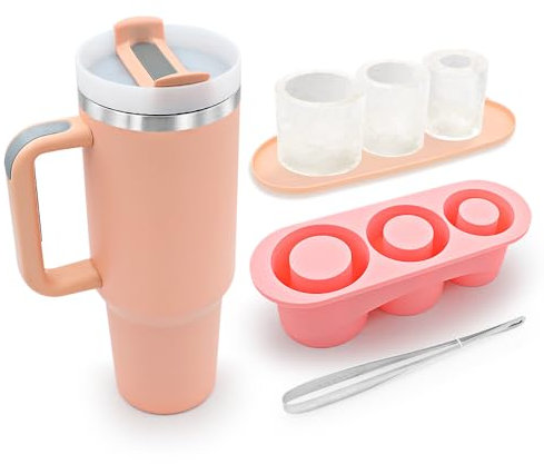 RANXINGST Set Stampo Ghiaccio Silicone e 1200ml/40oz Tazza Termica con Manico, Formine Ghiaccio con Coperchio + Tazza da Viaggio in Acciaio Inox con Cannuccia - Rosa