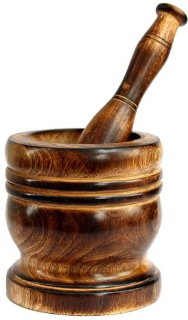 KLEO Molinillo de madera para especias y medicina, juego musical Okhli, juego de mortero, Imaam Dasta, Kharal, Khalbatta para cocina (marrón, 5 pulgadas)