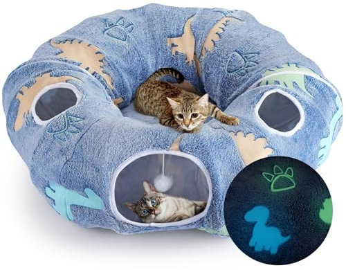 Maxetodo Foldable Cat Tunnel with Washable Bed 4 Entry Points,Peekaboo Cat Cave,Multifunctional Playground Toy for Indoor Cats Kittens