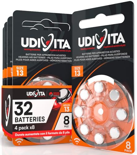 32 Hearing Aid Batteries Size 13 Udivita PR48 (Orange) Zinc-Air Hearing Evolution with Phono Pulse Technology - 4 Blisters of 8 Batteries