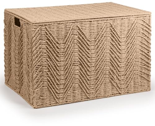 Woodluv Storage Basket Trunk Chest, Woven Storage Basket with Lid, Storage organiser, Basket Storage Bedding, Blanket & Toy Box, Large - Khaki