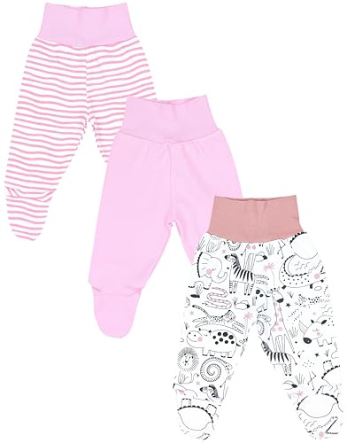 TupTam Baby Mädchen Strampelhose Hose mit Fuß 3er Pack, Farbe: Streifen Pink Tiere Rosa, Größe: 74