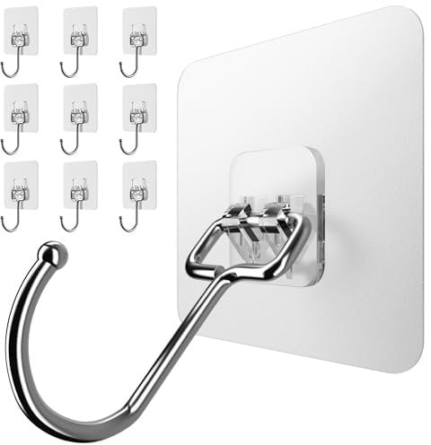 Menz Ganci adesivi extra forti – Set di 10 ganci autoadesivi trasparenti con portata di 15 kg ciascuno, ganci girevoli a 180°, supporti adesivi per cucina, bagno, decorazione