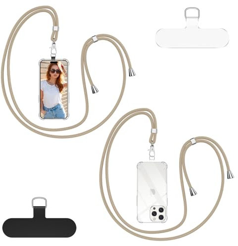 Woijrly Cordon Telephone Portable, avec 2 Patchs, Sangle Universelle Collier de Longe, Tour de Cou Téléphone Réglable et Détachable, Compatible avec la Plupart des Coques de Téléphone (Kaki)