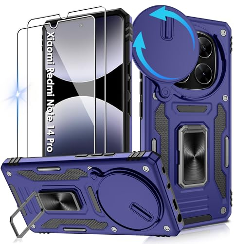 Jshru Handyhülle für Xiaomi Redmi Note 14 Pro 4G/5G Hülle Kameraschutz Slide Camera mit 2 Stück Schutzfolie, Metall Ring Ständer Case Stoßfest Schutzhülle für Xiaomi Note 14 Pro, Blau