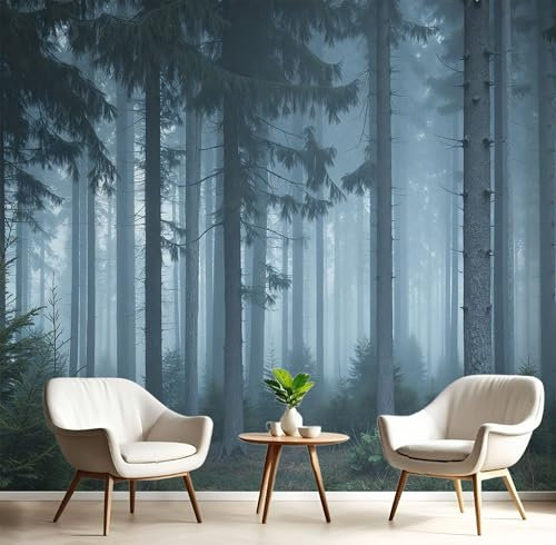 DLERFLOVR Papier Peint Scène De Nuit En Forêt,200x140cm Papier Peint Panoramique Forêt Brumeuse Murale Poster Tableaux Photo Muraux pour Salon Chambre à Coucher Maison Décoration, Bleu Brume