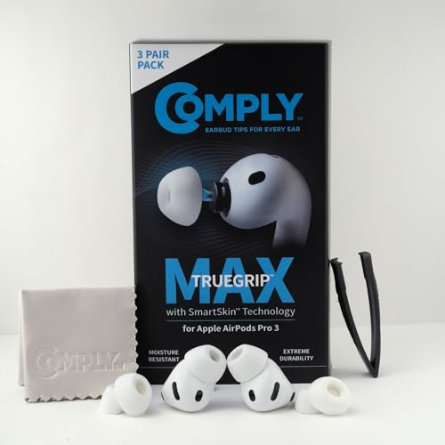 Comply TrueGrip MAX | Premium Memory Schaumstoff Ersatz-Ohrstöpsel für Apple AirPods Pro (3 Generation) | SmartSkin™-Technologie | hervorragende Geräuschisolierung| Weiss, Größe L, 3 Paar
