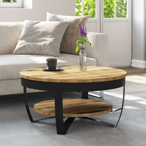 Massbinet Couchtisch rund Wohnzimmertisch aus Eiche Massivholz Sofatisch mit 2 Ablagen Kleiner Beistelltisch Natur geölt Holztisch Wohnzimmer mit Stauraum Coffee Table Mangoholz 65x32 cm