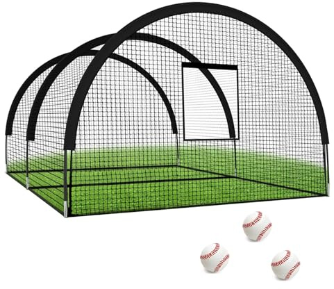 Garvee Jaula de Bateo Portátil 32x12x8 Pies, Red de PE Reforzada y Varillas de Fibra de Vidrio, Entrenamiento de Béisbol y Sóftbol para Jardín, con Apertura para Lanzadora y Puerta Desmontable, Negro