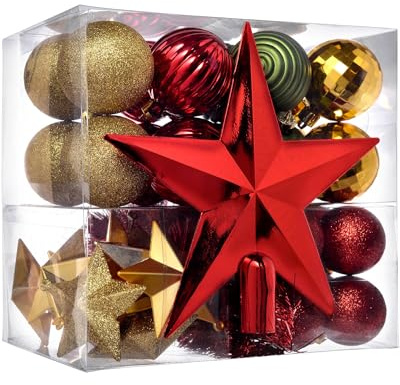 WeRChristmas Shatterproof Baubles with Tree Topper and Garland - 42-Piece, Red/Gold/Green