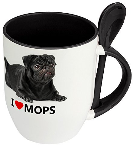 digital print Hundetasse Mops - Löffel-Tasse mit Hundebild Mops - Becher, Kaffeetasse, Kaffeebecher, Mug - Schwarz