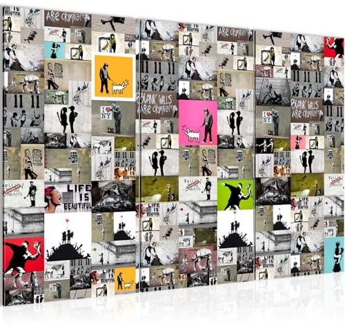 Runa Art Wandbilder Collage Banksy Bild XXL Loft Wohnzimmer Bunt Street Art 120 x 80 cm 3 Teilig 302731a