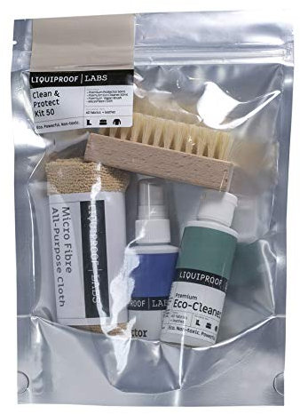 Liquiproof LABS Clean and Protect Kit. Premium Protector 50ml, Eco Cleaner 50ml, Vegetable Fibre Brush and a Microfibre Cloth. Shoe care kit for protecting and cleaning footwear and fashion items.