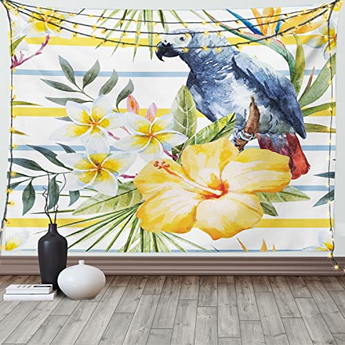 ABAKUHAUS Bunt Wandteppich, Tropic Exotic Papageien aus Weiches Mikrofaser Stoff Waschbar ohne Verblassen Digitaldruck, 150 x 110 cm, Gelb Weiß