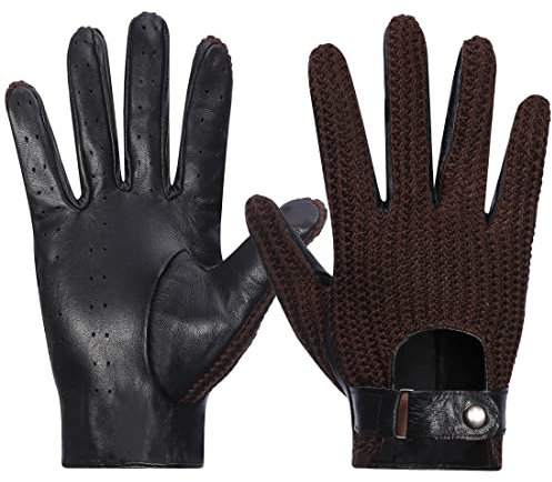 Harssidanzar Herren Autohandschuhe Leder mit Häkeln Schwarz Fahrhandschuhe Touchscreen GM030,Braun,Größe L