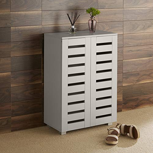 Home Source 2 Door Wooden Shoe Storage Cabinet Rack Stand Slatted Cupboard, Grey