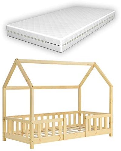 [en.casa] Kinderbett Sisimiut mit Matratze 70 x 140 cm Hausbett Montessori mit Rausfallschutz Holzbett für Kinder Bodenbett Lattenrost Kiefernholz Holzfarben