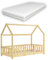 [en.casa] Kinderbett Sisimiut mit Matratze 70 x 140 cm Hausbett mit Rausfallschutz Holzbett für Kinder Bodenbett Lattenrost Kiefernholz Holzfarben