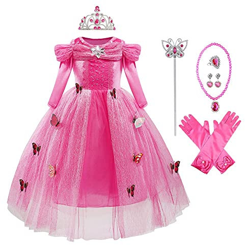 MYRISAM Girls Cinderella Princess Birthday Dress Long Sleeve Halloween Carnival Costume Fancy Party Gown w/Gloves Accessories Hot Pink 4-5T