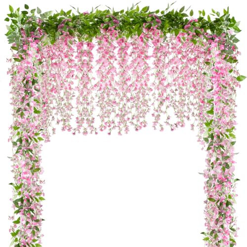 VINFUTUR 2pcs Glycine Artificielle Guirlande de Wisteria Fleur Artificielle Suspendre de Simulation en Soie Décoration de la Maison Mariage Jardin Party (Rose)