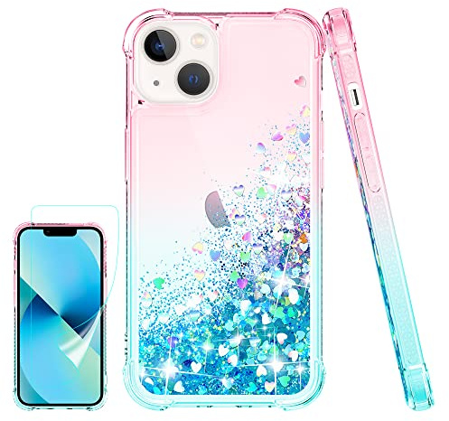 Pilaru Lovely for iPhone 13/14 Case[2 Screen Protector] Clear Liquid Heart Glitter Soft TPU Cover Transparent Girly Shockproof Protective Phone Case for iPhone 13/14,Pink/Teal