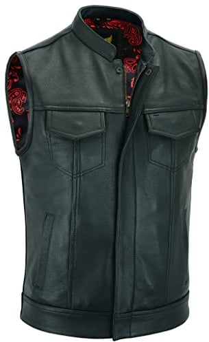 Leatherick Groove Club svart läderväst för män – traditionell paisley satin foder med svarta sömmar, svart