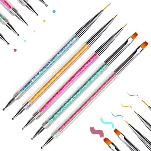 Doubel Ended Nail Art Liner Brushes，Nail Art Pens Nail Dotting Tool Professional Manicure Drill Drawing Nails Brush Pen for Acrylic Powder Application 3D Nail Carving DIY Nail Art Designs（5PCS）