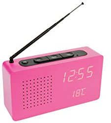 Fisura – Radio Despertador Reloj. Radio portátil de sobremesa. Reloj Despertador Digital con Radio 17,7 x 4,5 x 9 centímetros. Material: Madera (Rosa)