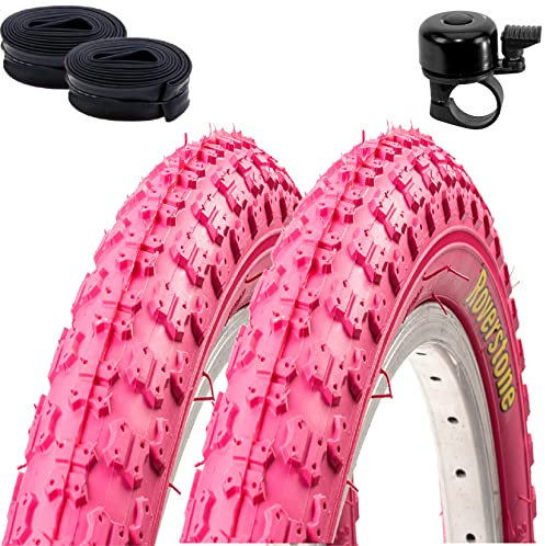 2 x Roverstone 20 Fahrradreifen Fahrradmantel rosa 54-406 (20 x 2,125) + 2 Schläuche AV inkl. Fahrradklingel