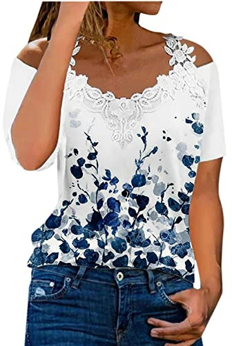 AMhomely Women Blouse Party Elegant Short/Long Sleeve Tops for Work UK Casual Off The Shoulder Lace Regular Fit Tops V-Neck Shirt Tops Business Office Top Ladies Loose Shirt Blouse for Spring/Summer